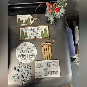 Holiday Wooden Sign Set with Green Trees